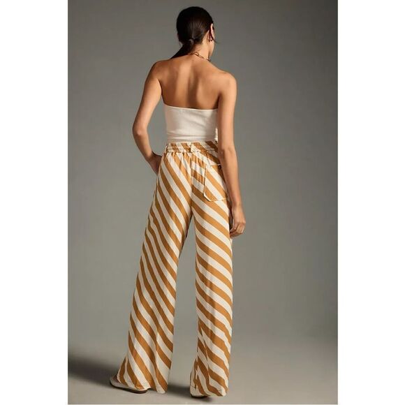 NEW Anthropologie Maeve Gold Stripe Straight-Leg Drawstring Pants Small Petite - Picture 2 of 4